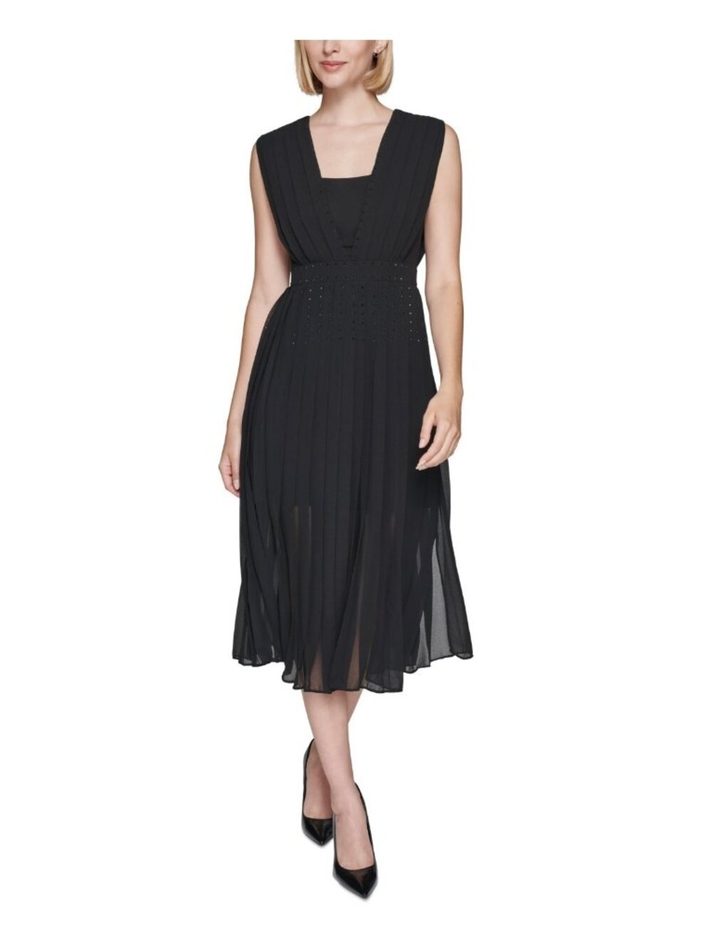 KARL LAGERFELD PARIS Women's Pleated Chiffon Fit & Flare Dress Black Size 6 $188
